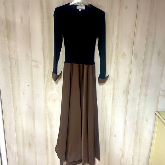 Vintage Dresses & Skirts - Vintage Vera Maxwell Speed Suit Black Brown Long Cuff Sleeve Full Length Dress L
